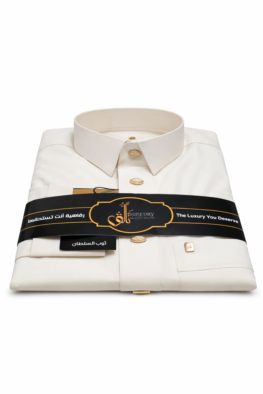 White dress shirt with a black and gold ribbon on a white background